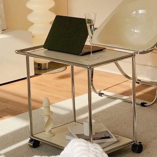 Medieval Modern Style Rectangular Metal/glass Table Wheel Base Side Table Clearhalo 'Coffee & Accent Tables' 'End & Side Tables' 'end_side_tables' 'furn' 'furn_end_side_tables' 'Furniture' 'Living Room Furniture' 1200x1200_1f6e72b9-4d0f-453f-b608-f774643e2bcd