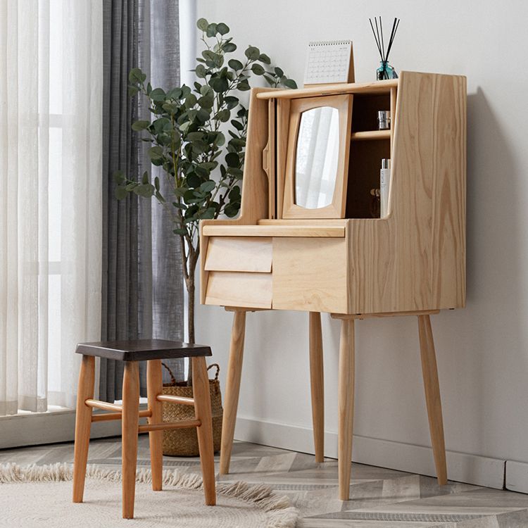 Taburete de tocador de mesa de maquillaje de madera sólida con cajones y espejo en Brone