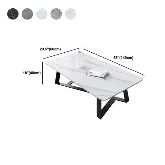 Glam Rectangle Stone Top Cocktail Table with Black Iron Cross Leg