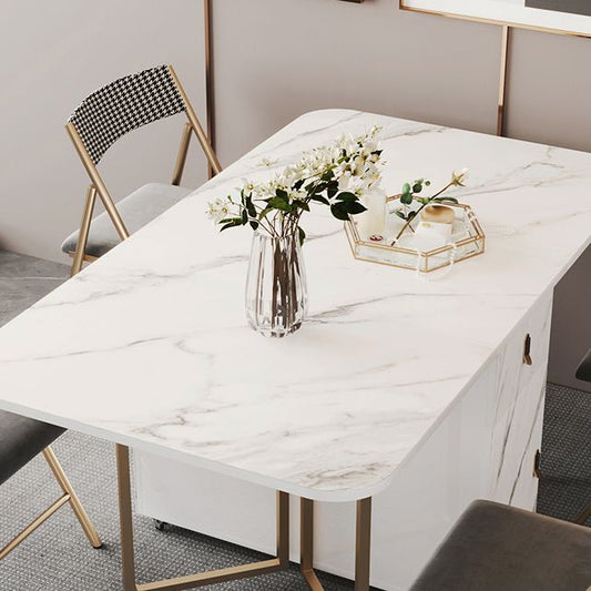 Contemporary Rectangle Dining Table Sintered Stone Drop-Leaf Table with Metal Base for Dining Room