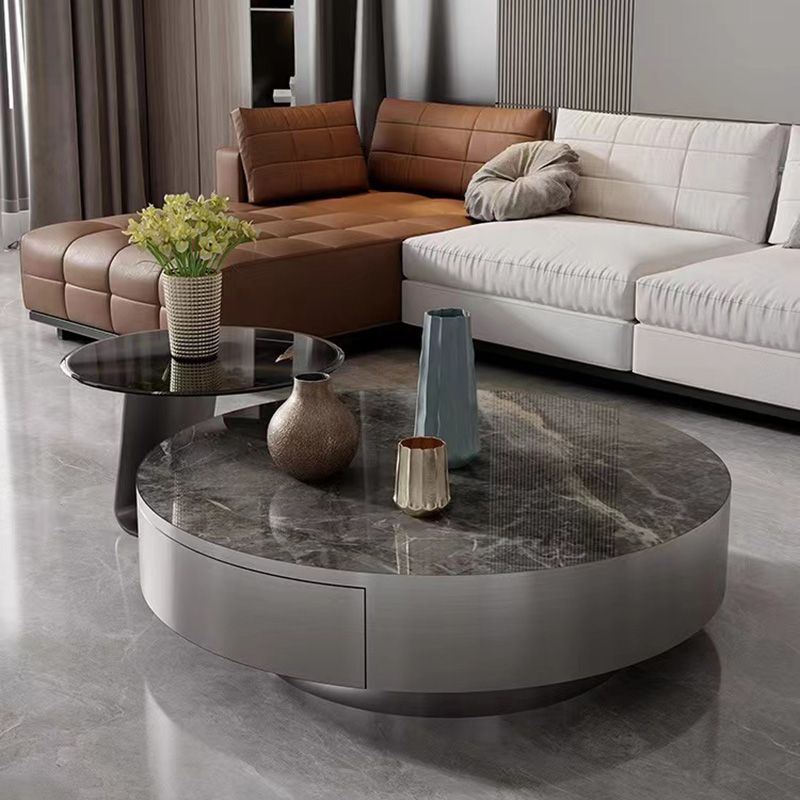Modern Gray Cocktail Table Round Glass /  Slate Coffee Table