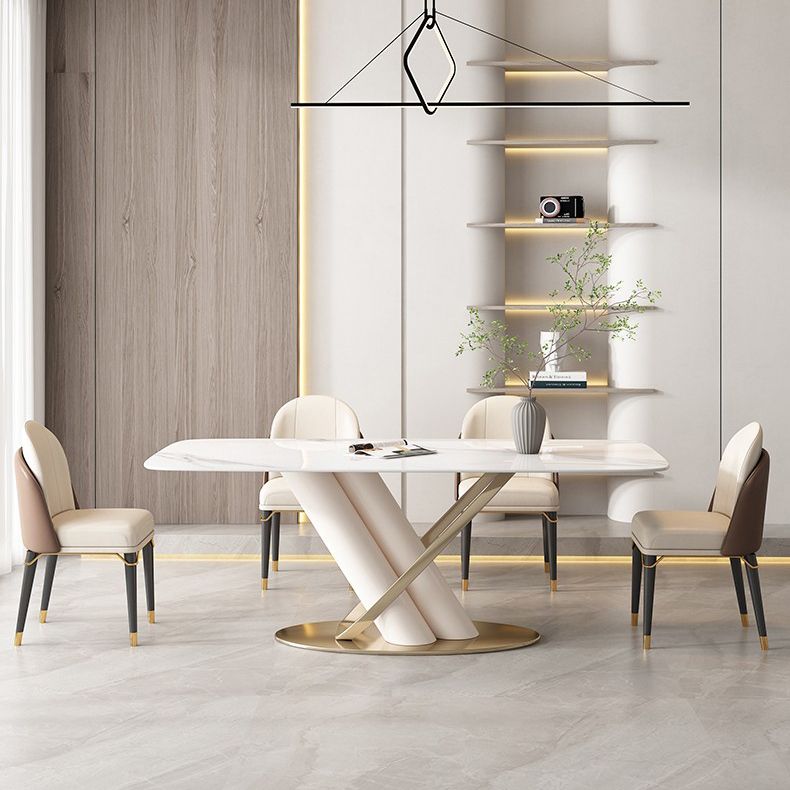Modern Style Sintered Stone Dining Table with White Fixed Table and Trestle Base Clearhalo 'Dining Room Sets' 'Dining Tables & Seating' 'dining_room_set' 'furn' 'furn_dining_room_set' 'Furniture' 'furniture_dining_room_set' 'Kitchen & Dining Furniture' 'kitchen&dining_furn' 'kitchen' 1200x1200_1ff0a660-2791-4fbb-bc5d-152670bd34b3