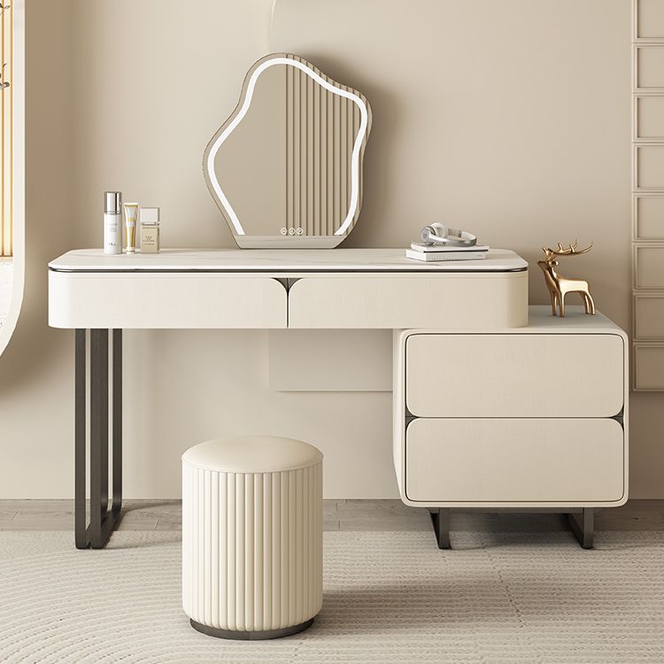 Contemporary Beige Makeup Vanity Desk with Drawers and Wooden Top