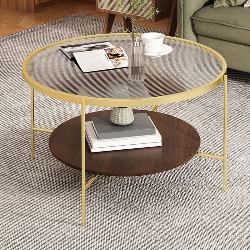 Mesa de centro individual contemporánea con tapa de cristal redonda de 4 patas y estante de almacenamiento