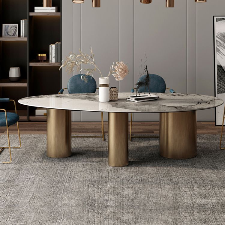 Oval Traditional Luxury Dining Table White Sintered Stone Table with 3 Metal Legs Clearhalo ' dining_table' 'Dining Tables & Seating' 'Dining Tables' 'furn' 'furn_dining_table' 'Furniture' 'furniture_dining_table' 'Kitchen & Dining Furniture' 'kitchen&dining_furn' 'kitchen' 'kitchen_dining_table' 1200x1200_2035f76e-b50d-4e50-80c1-0d686d29d6d0