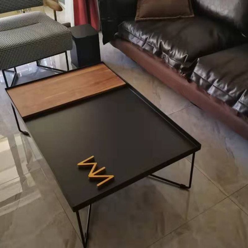 Mid-Century Modern Black Coffee Table with Iron Tray Top and Cross Legs