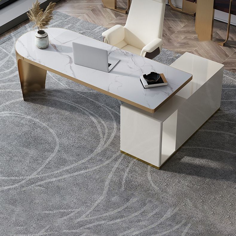 L-Shape Executive Desk Glam with Drawers Office Desk with Chrome Metal Base Clearhalo 'furn' 'furn_office_desk' 'Furniture' 'Office Desks' 'Office Furniture' 'office_desk' 1200x1200_2065e0aa-8bf0-4e70-91af-9bce6e902fc5