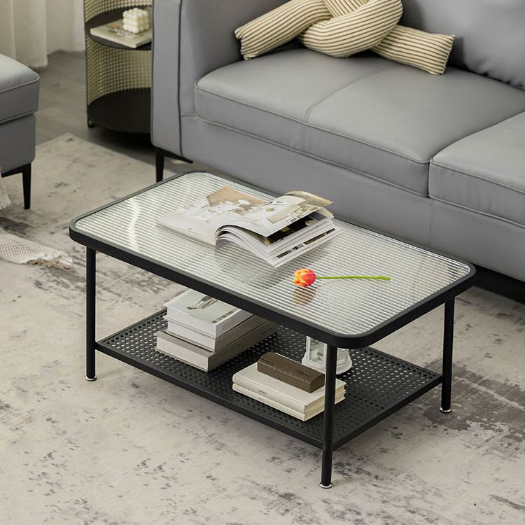 Table basse rectangulaire en verre de 15,75 po, table de cocktail à 4 pieds en fer avec étagère