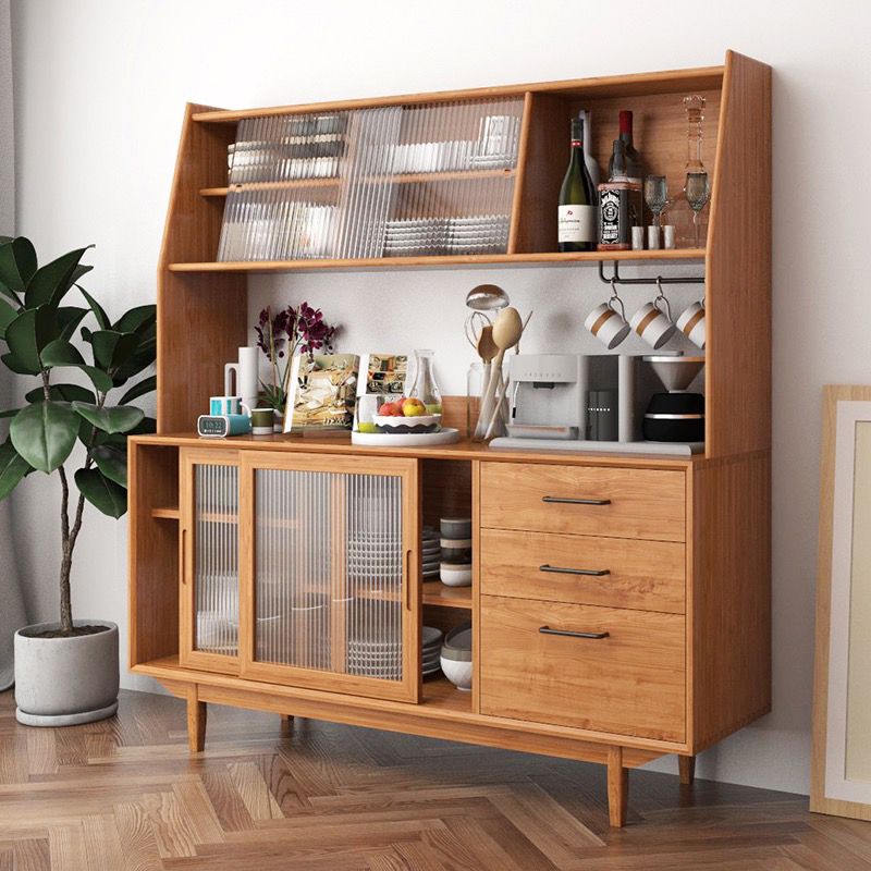 Pine Wood Buffet Table 3 Drawer 4 Glass Doors Simple Style Cupboard for Kitchen Clearhalo 'buffet_sideboard' 'Buffets & Sideboards' 'furn' 'furn_buffet_sideboard' 'Furniture' 'furniture_buffet_sideboard' 'Kitchen & Dining Furniture' 1200x1200_20821972-a73c-46d8-a0df-aa6dc3e3c63b