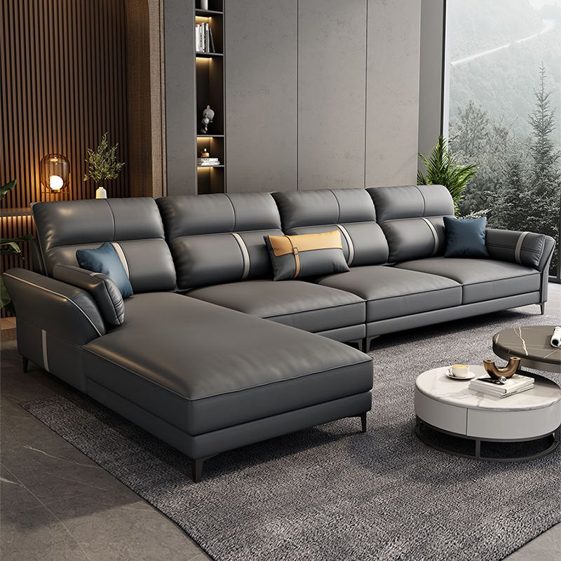 Contemporary Dark Gray Sofa Faux Leather Stain-Resistant Sectional with Pillow Top Arm Clearhalo 'furn' 'furn_sectionals' 'Furniture' 'furniture_sectionals' 'Living Room Furniture' 'Sectionals' 1200x1200_209a47f8-98bc-4a21-94e0-3ecd8b307e34