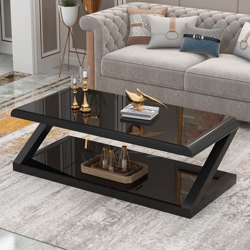 17.7"H Rectangle Glass Coffee Table Steel Abstract Base Cocktail Table with Shelf Clearhalo 'Coffee & Accent Tables' 'Coffee Tables' 'coffee_tables' 'furn' 'furn_coffee_tables' 'Furniture' 'Living Room Furniture' 1200x1200_20d55406-0375-4224-b814-2510fea7ab96