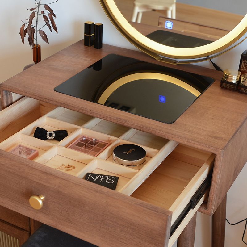 Vanity di trucco contemporaneo con cassetti in legno di gomma marrone