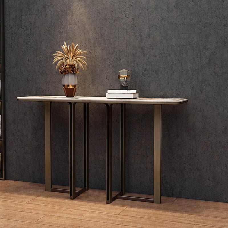 Modern Rectangular Console Table Stone Console Sofa Table in White and Gold