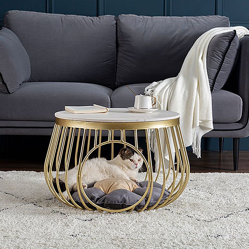 Glam Slate/Glass Top Coffee Table Dia 21.7" Frame Cocktail Table with Storage Clearhalo 'Coffee & Accent Tables' 'Coffee Tables' 'coffee_tables' 'furn' 'furn_coffee_tables' 'Furniture' 'Living Room Furniture' 1200x1200_2130fa85-a0eb-474a-96ea-0f6fdaacd3c7