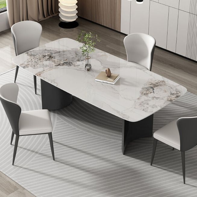 Hedendaagse grijze rechthoekige stenen eettafel met dubbele voetstuk