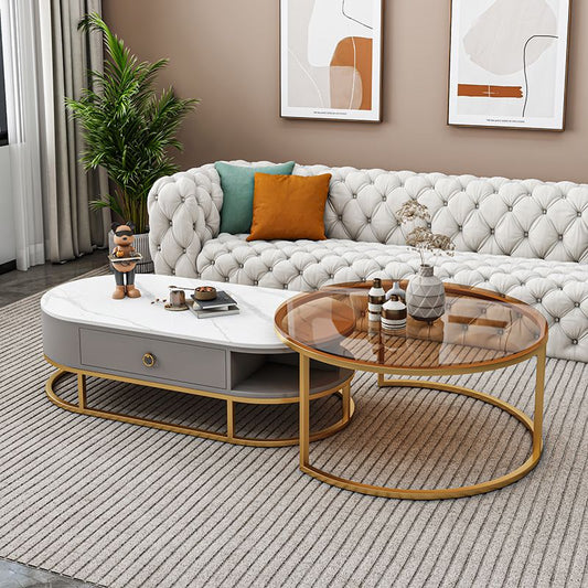 Oval Glass & Slate Coffee Table Set Frame Cocktail Table with Drawers Clearhalo 'Coffee & Accent Tables' 'Coffee Tables' 'coffee_tables' 'furn' 'furn_coffee_tables' 'Furniture' 'Living Room Furniture' 1200x1200_21501dad-c906-4aff-a439-42d4289b5722