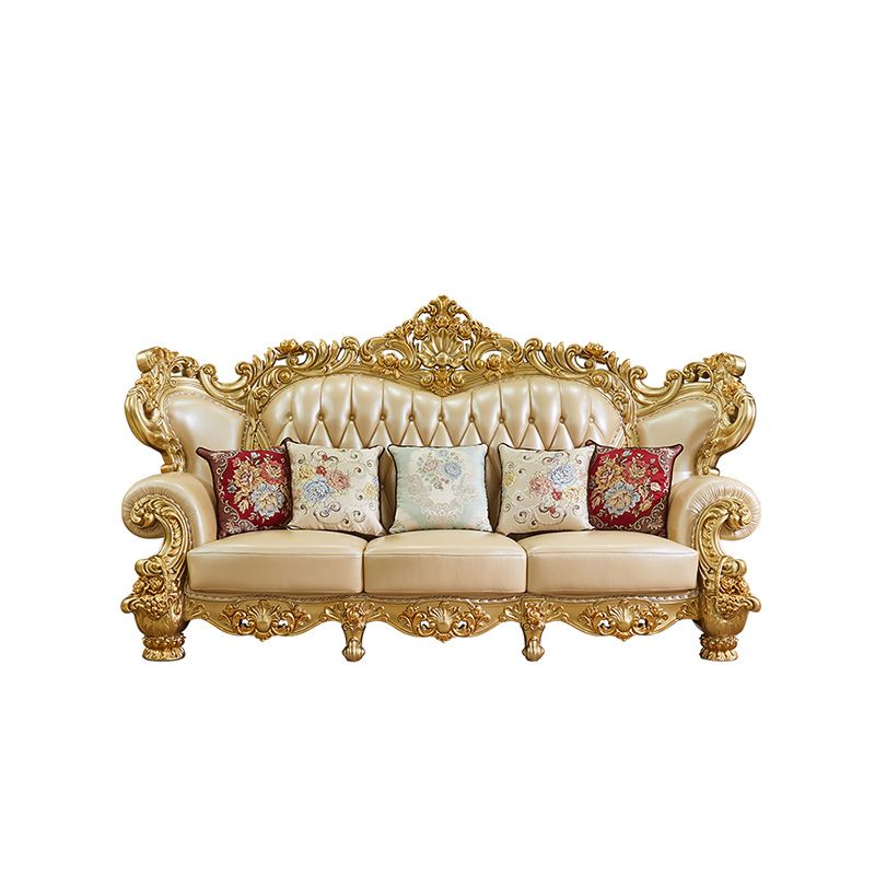 ゴールドの本革ソファ房式スプリットバックロールアームソファリビングルーム用