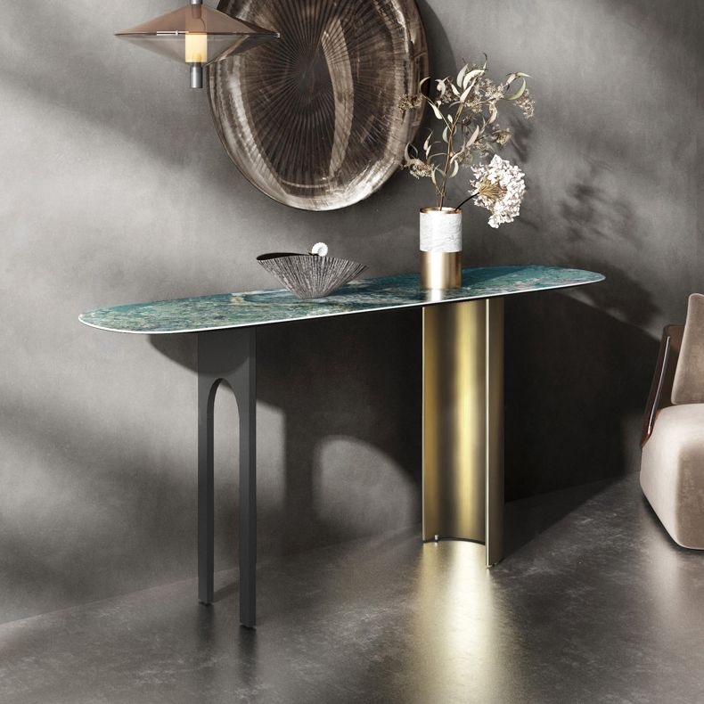 16 Inch Wide Glam Accent Table Oval Stone Console Table for Hall