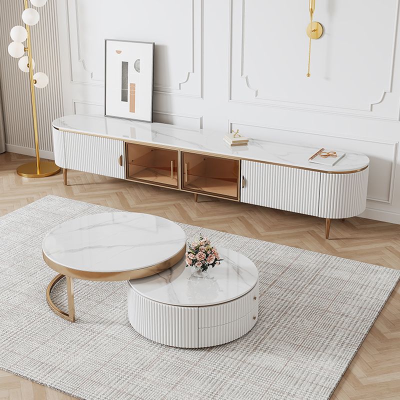 Console glam oval white tv stand con ripiani per soggiorno