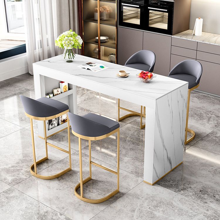 Glossy White Stone Bistro Table with Double Pedestal Contemporary Pub Table for Home