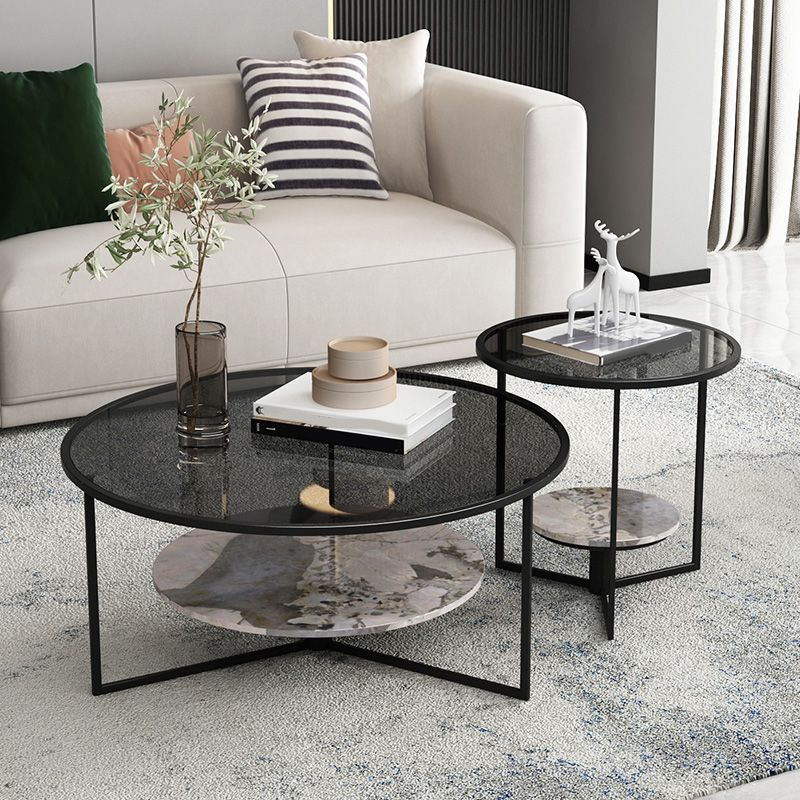 Contemporary Coffee Table Round Glass Top Cocktail Table with Storage Clearhalo 'Coffee & Accent Tables' 'Coffee Tables' 'coffee_tables' 'furn' 'furn_coffee_tables' 'Furniture' 'Living Room Furniture' 1200x1200_22170e15-c0f6-4555-abe0-93dde7b9a72e