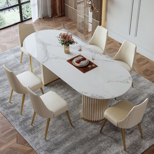 Mesa de comedor de piedra sinterizada de lujo Mesa blanca ovalada con doble pedestal