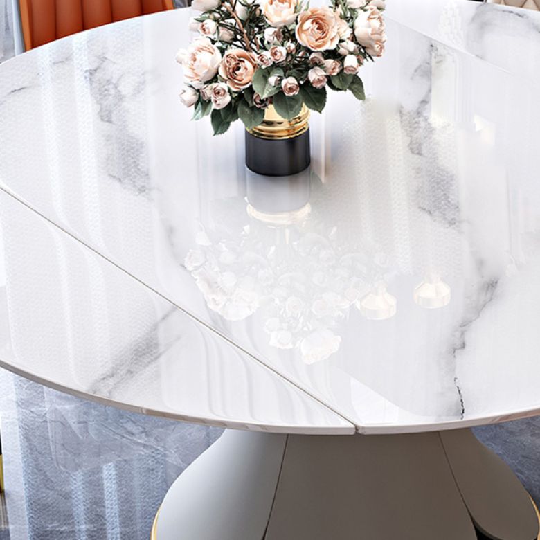 Round Modern Stone Dining Table Extendable for Small Spaces in White