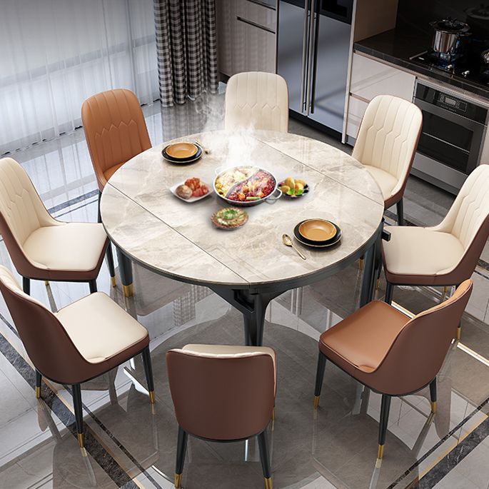 Eettafel met neerklapbaar blad Gesinterde stenen eettafel met houten onderstel