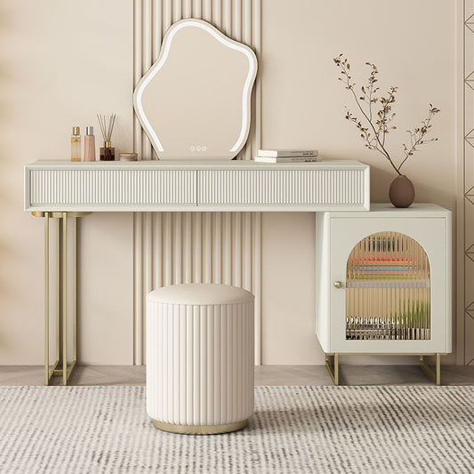 Banco di vanità per trucco in legno in legno in legno in solido beige contemporaneo con base metallica