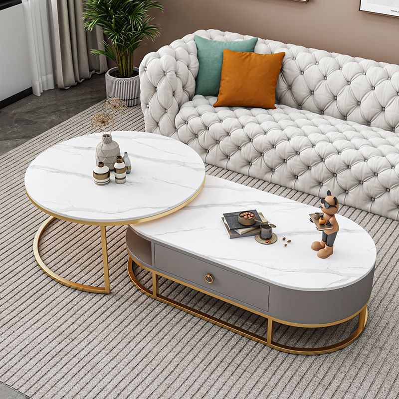 Oval Glass & Slate Coffee Table Set Frame Cocktail Table with Drawers Clearhalo 'Coffee & Accent Tables' 'Coffee Tables' 'coffee_tables' 'furn' 'furn_coffee_tables' 'Furniture' 'Living Room Furniture' 1200x1200_22473b5f-2c85-461a-b6e4-77dc3edf71ab