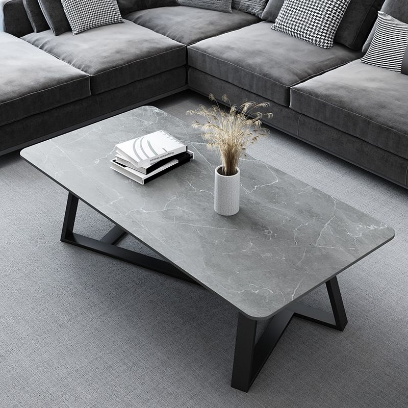 Glam Rectangle Stone Top Coffee Table with Iron Cross Legs Cocktail Table