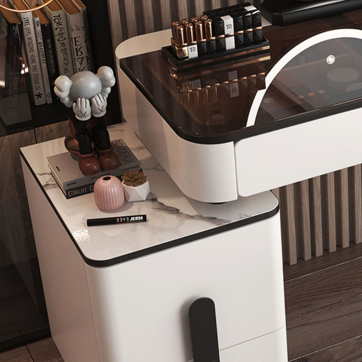 Glam Glass Bedroom Vanity Desk 4 Drawer Vanity Dressing Table Clearhalo 'Bedroom Furniture' 'furn' 'furn_makeup_vanities' 'Furniture' 'Makeup Vanities' 'makeup_vanities' 1200x1200_226f0023-84a3-4f12-a160-f0904bc6ecee