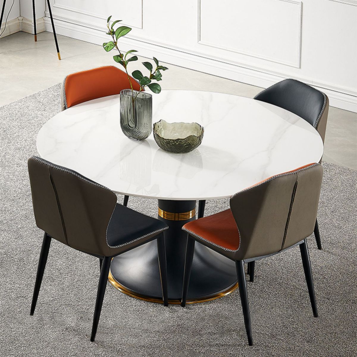 モダンスタイルの焼結石ダイニングラウンドテーブルセット1/3/4/5/7ピースダイニングセット