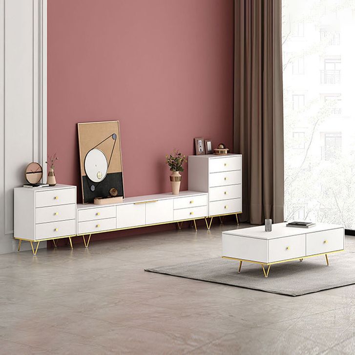 Holz-TV-Ständer im Glam-Stil, geschlossene Aufbewahrungs-TV-Konsole mit 4 Schubladen