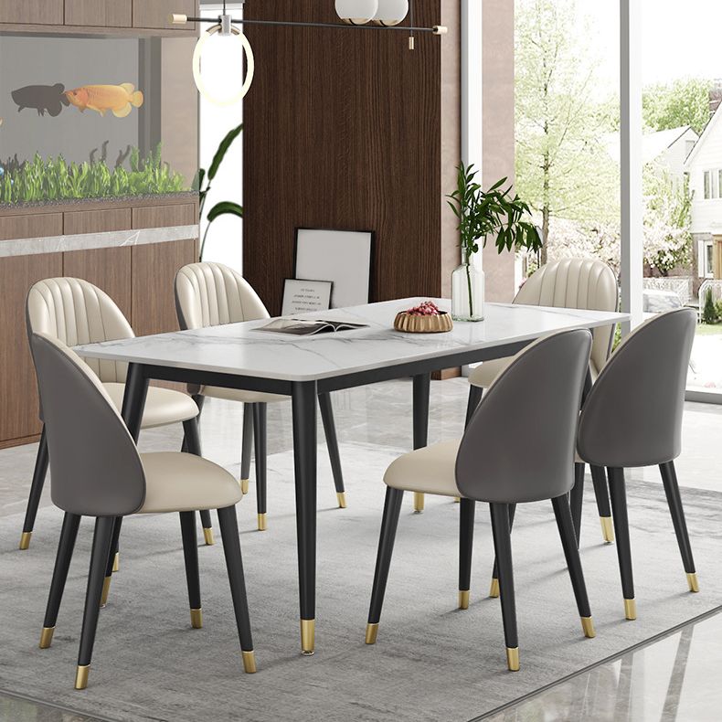 Contemporary Style Sintered Stone Dining Set with White Table and 4 Black Legs Base Clearhalo 'Dining Room Sets' 'Dining Tables & Seating' 'dining_room_set' 'furn' 'furn_dining_room_set' 'Furniture' 'furniture_dining_room_set' 'Kitchen & Dining Furniture' 'kitchen&dining_furn' 'kitchen' 1200x1200_22c25b15-d8ae-4152-8567-10a078634723