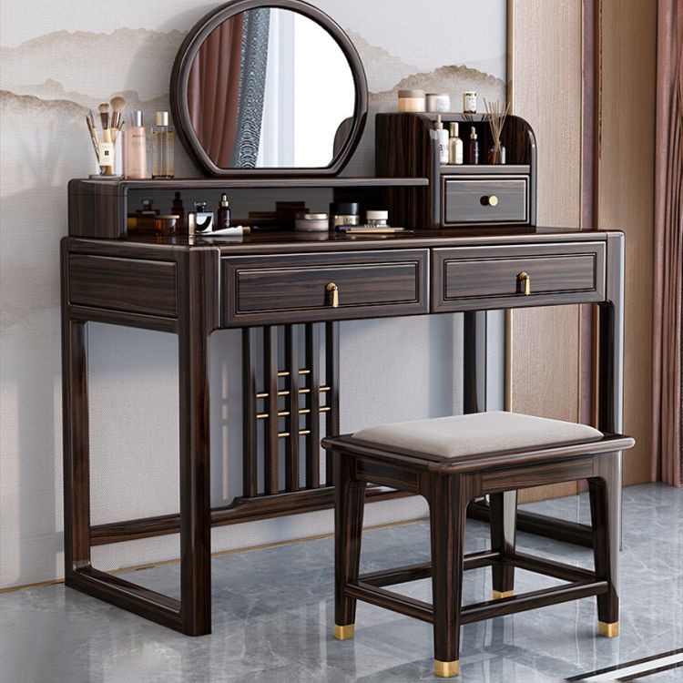 Solid Wood Vanity Set with Stool Set Brown Dresser with 3-Drawer and Mirror