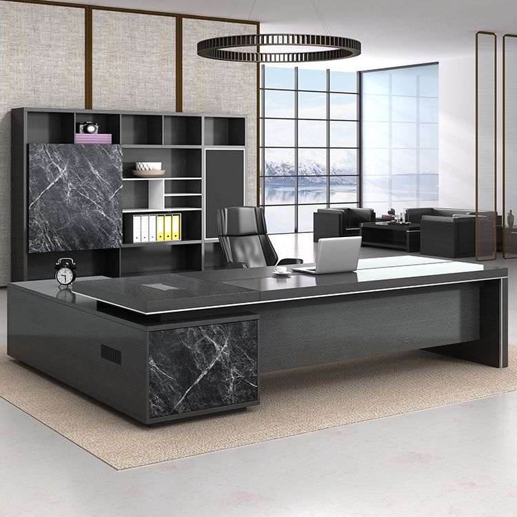 Black L-Shape Office Desk Cable Management Executive Desk with 2-Drawer Clearhalo 'furn' 'furn_office_desk' 'Furniture' 'Office Desks' 'Office Furniture' 'office_desk' 1200x1200_22d2796a-63c8-49ff-a5ef-67d42af21a42