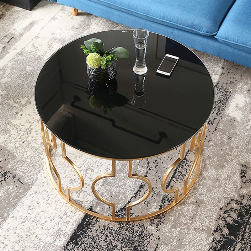 Contemporary Round Glass Coffee Table with Iron Frame Base Cocktail Table Clearhalo 'Coffee & Accent Tables' 'Coffee Tables' 'coffee_tables' 'furn' 'furn_coffee_tables' 'Furniture' 'Living Room Furniture' 1200x1200_22d40454-03a9-4902-a774-2bc5c4d22d2c