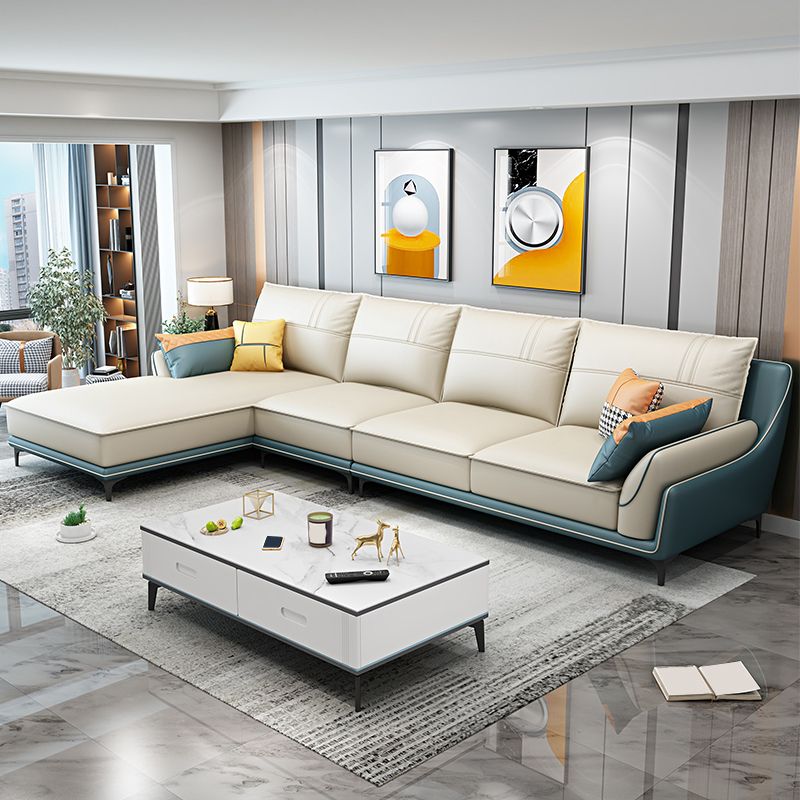 Scandinavian Faux Leather Sectional in Beige 35.43" Tall Sectional Clearhalo 'furn' 'furn_sectionals' 'Furniture' 'Living Room Furniture' 'Sectionals' 1200x1200_22eef589-5ba0-4c6a-93f9-975191f284f9