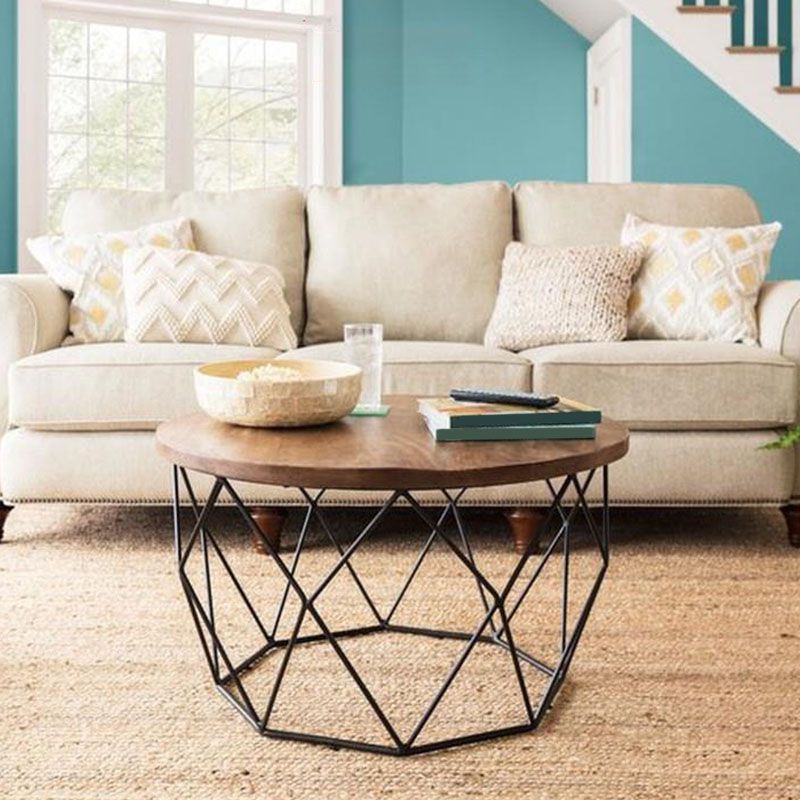 Contemporary Solid Wood Coffee Table with Round Top and Metal Base