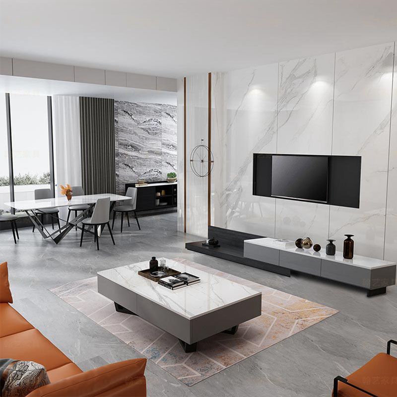 TV-Ständer im zeitgenössischen Stil, graue TV-Konsole mit Schubladen für das Wohnzimmer