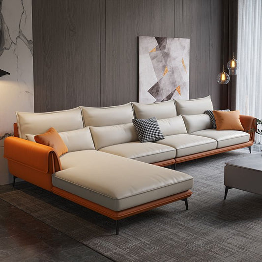 Flared Arm Sectional with Chaise Orange Faux Leather 4-seat Sectional Clearhalo 'furn' 'furn_sectionals' 'Furniture' 'Living Room Furniture' 'Sectionals' 1200x1200_23269b39-8477-435b-b5b6-0d8d194a764d