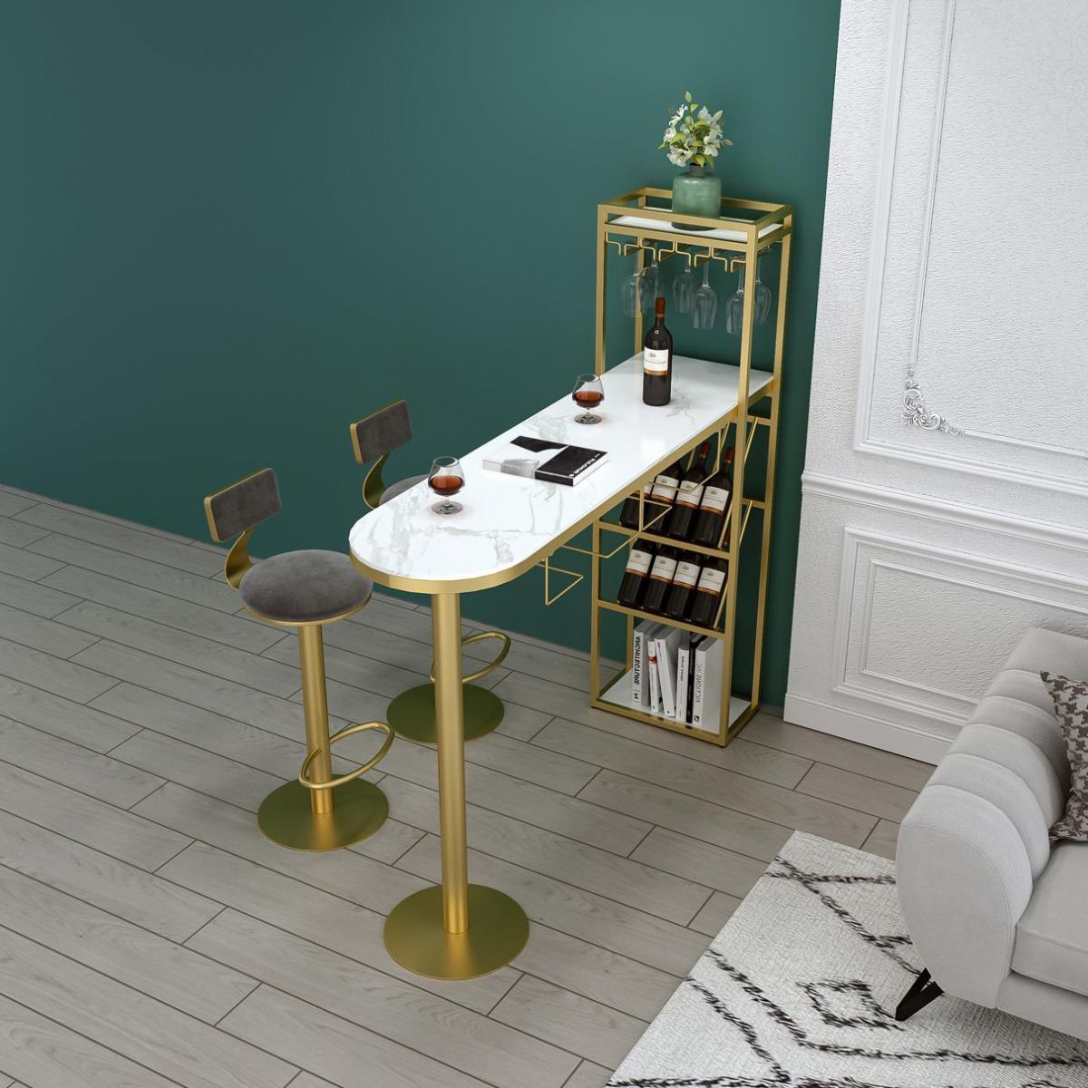 Glam Style Iron Bar Table 41.3"H Faux Marble White Top Bistro Table with Wine Rack Clearhalo 'Bar Furniture' 'Bar Tables' 'bar_tables' 'furn' 'furn_bar_tables' 'Furniture' 'furniture_bar_tables' 'Kitchen & Dining Furniture' 'kitchen&dining_furn' 'kitchen' 1200x1200_23687b0f-850d-4b80-a97d-8dc343b199a5