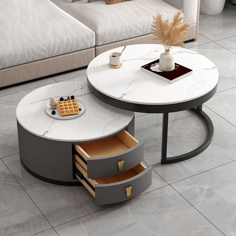 Modern Round Glass Cocktail Table Set Iron Frame Coffee Table with Drawers Clearhalo 'Coffee & Accent Tables' 'Coffee Tables' 'coffee_tables' 'furn' 'furn_coffee_tables' 'Furniture' 'Living Room Furniture' 1200x1200_237d2c80-1566-461d-bf81-98707f84a27a