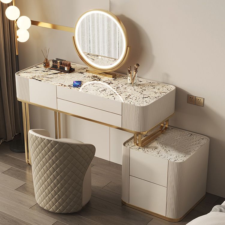 Tavolo da vanità in vetro minimalismo con specchio e sgabelli 5 cassetti beige tavolo da toeletta