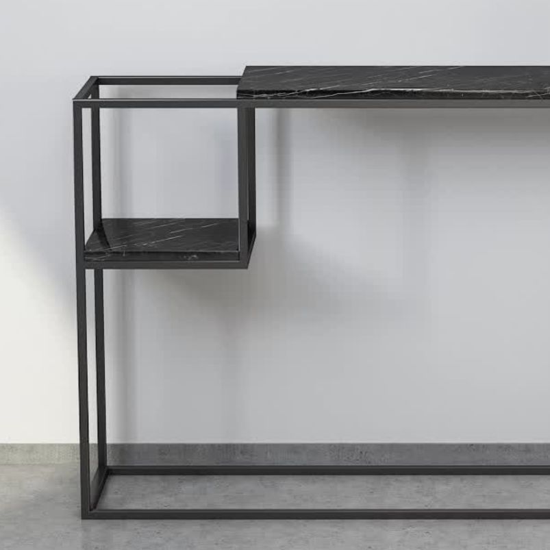 Tabella della console superiore in marmo rettangolo con scaffale di stoccaggio e base di ferro