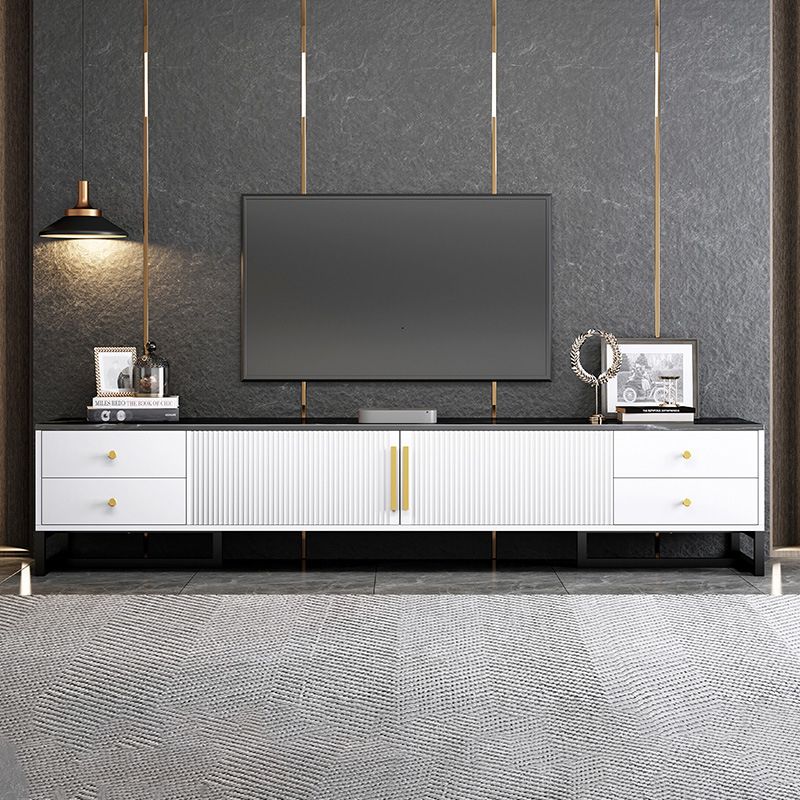Console multimediale moderna per TV in marmo con contenitore chiuso e gambe in metallo per soggiorno