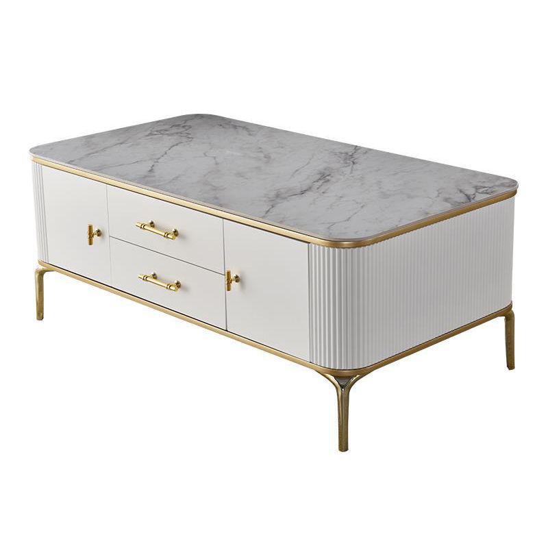 Glam 4-beiniger einzelner Couchtisch aus Schiefer, rechteckiger Cocktailtisch mit 2 Schubladen
