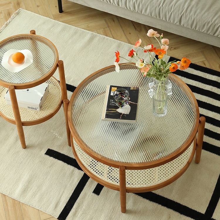 Round Glass/ Wood Top Coffee Table 4 Legs Cocktail Table with Shelf Clearhalo 'Coffee & Accent Tables' 'Coffee Tables' 'coffee_tables' 'furn' 'furn_coffee_tables' 'Furniture' 'Living Room Furniture' 1200x1200_23b909be-cb7f-4d6b-985f-6881803d1df6