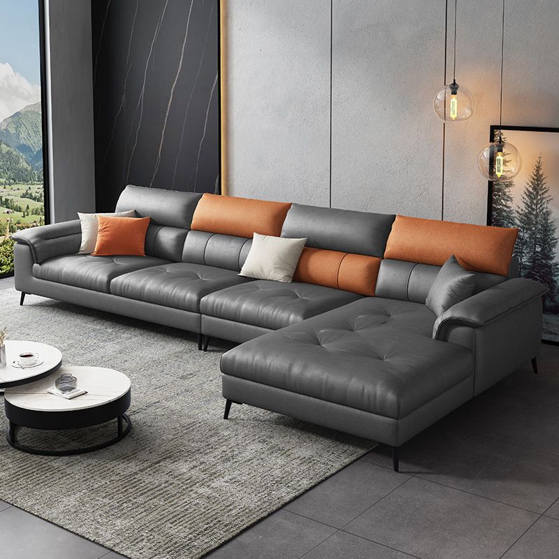 137.8" W x 70.87" D x 35.43" H Faux Leather Sofa & Chaise Modern Sewn Pillow Back Sofa Clearhalo 'furn' 'furn_sectionals' 'Furniture' 'Living Room Furniture' 'Sectionals' 1200x1200_23df5cb4-6f2e-4e6f-967d-0eeac7d997be